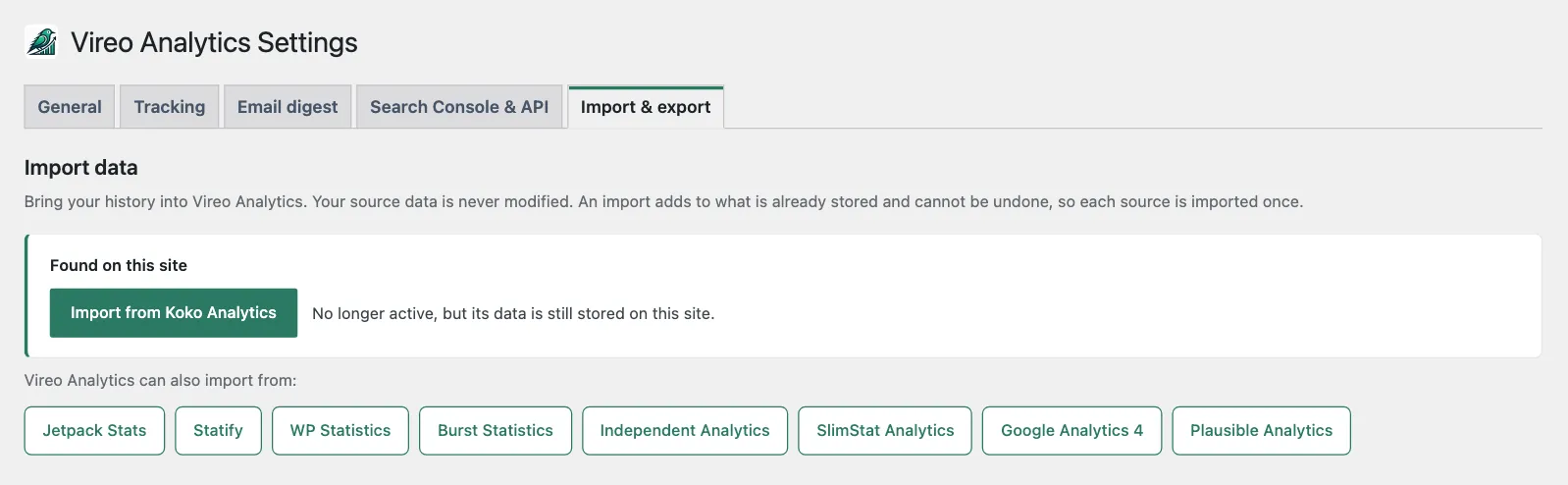 The Import data settings: Koko Analytics found on this site with a button to import it, and buttons for Jetpack Stats, Statify, WP Statistics, Burst Statistics, Independent Analytics, SlimStat Analytics, Google Analytics 4 and Plausible Analytics.